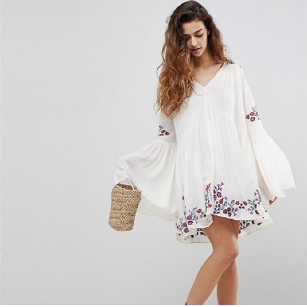 Free People Te Amo Embroidered Babydoll Mini Dress in Neutral Combo